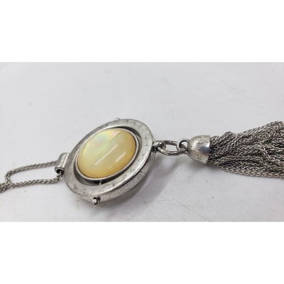 Vintage Abalone Mother of Pearl Reversible Pendant Necklace Silver Tone Tassel - Picture 6 of 10